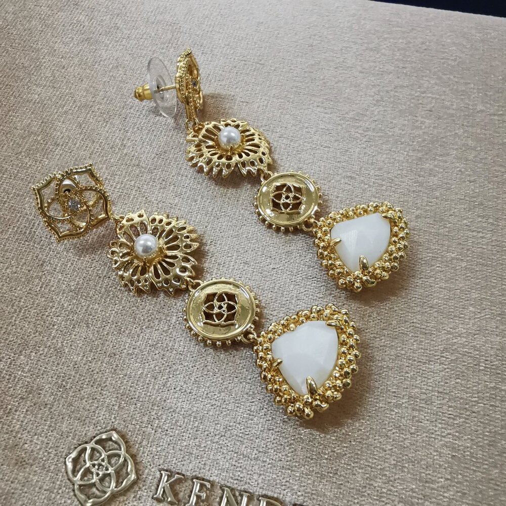 $98 kendra scott Brielle Gold Linear Drop Earrings Ivory Mother-of-Pearl New